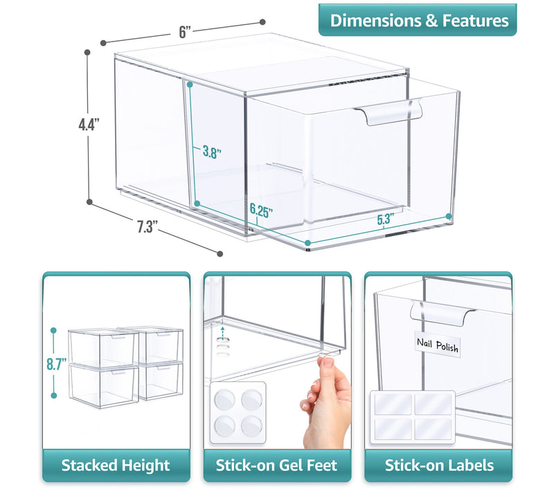Sorbus 4 Pack Clear Stackable Acrylic Drawer Maeup Organizers — View 6