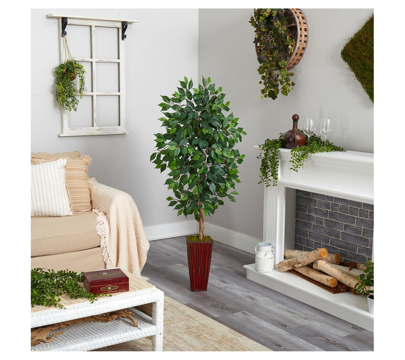 Nearly Natural 5' Ficus Artificial Tree in Bamboo Planter — View 3