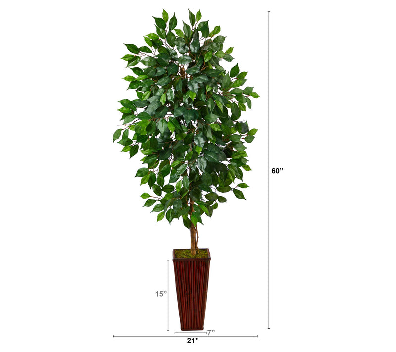 Nearly Natural 5' Ficus Artificial Tree in Bamboo Planter — View 4