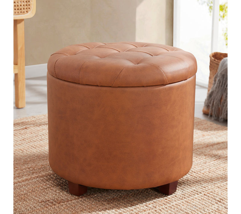 Ornavo Round Faux Leather Storage Ottoman withTufted Lid — Main view