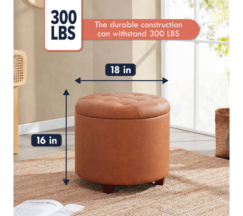 Ornavo Round Faux Leather Storage Ottoman withTufted Lid — View 2