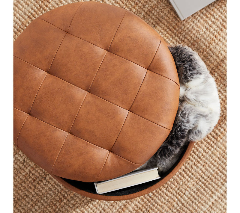 Ornavo Round Faux Leather Storage Ottoman withTufted Lid — View 3