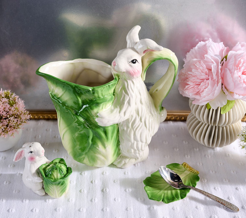 Ceramic Bunny & Lettuce Pitcher w/Salt & Pepper Shakers by Valerie — Main view