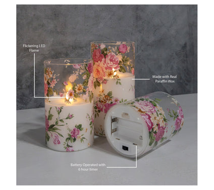 Lumabase Set of 3 Flameless Floral Hurricanes