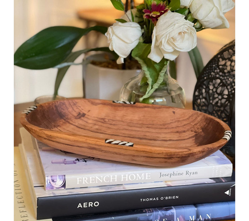 Global Crafts XL Oval Olive Wood Bowl with BoneInlay Accent — View 3