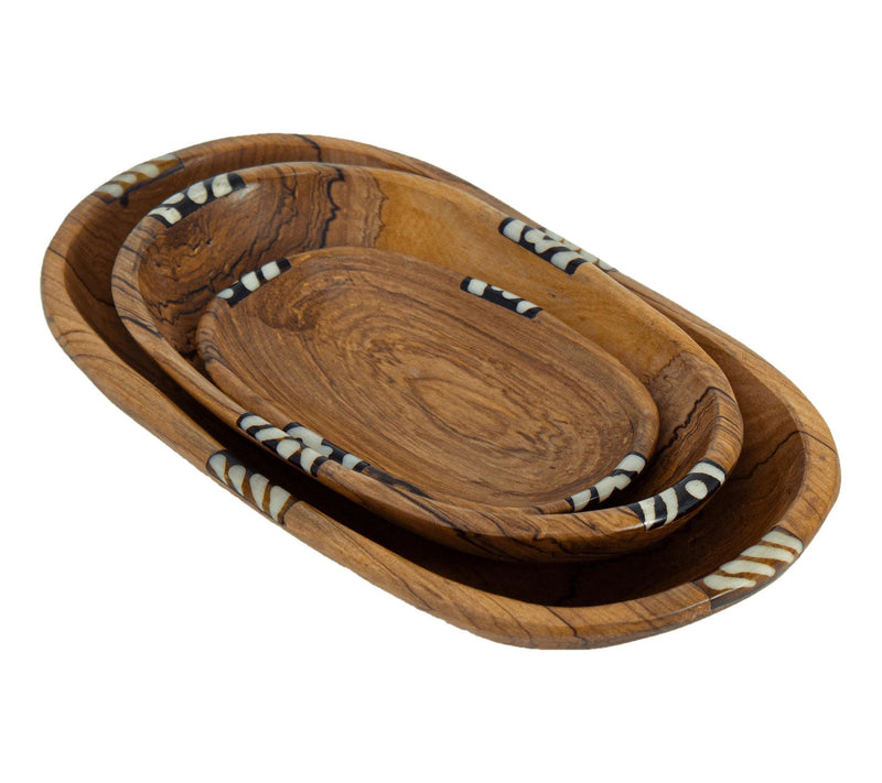 Global Craft Nested Oval Olive Wood Serving Bowl w/Bone Accent — Main view