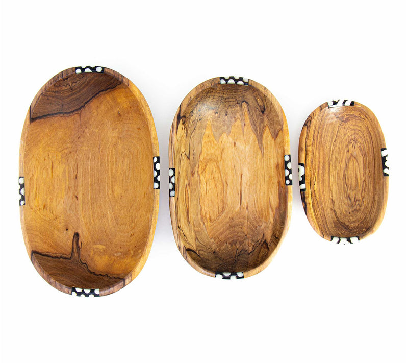Global Craft Nested Oval Olive Wood Serving Bowl w/Bone Accent — View 3