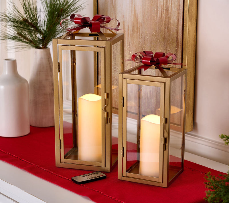 Kringle Express S/2 Flameless Metal Lanterns with Removable Christmas Bows — View 2