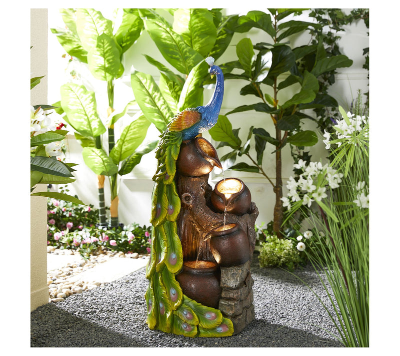 Glitzhome 40"H LED Lit 4-Tiered Peacock OutdoorFountain — Main view