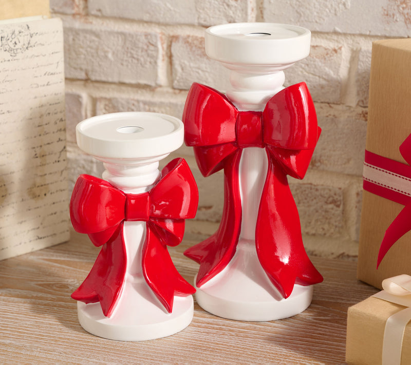 Set of 2 Pedestal Candleholders with Bow by Valerie — View 2