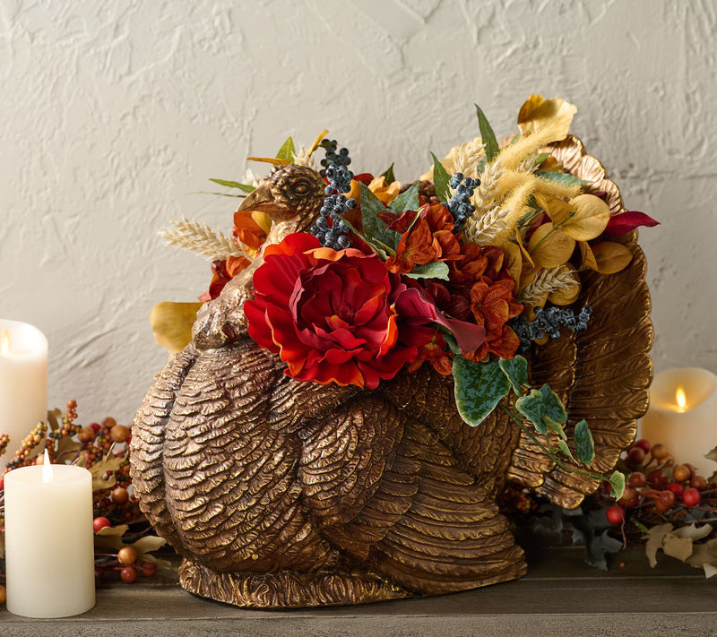 Home Reflections 16" Metallic Turkey w/ Faux Floral Arrangment — View 3