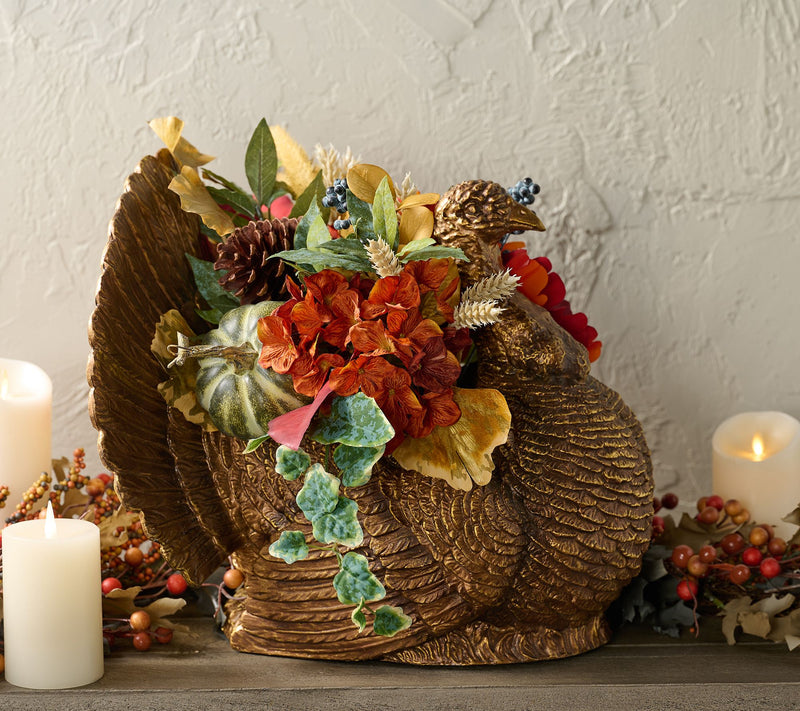Home Reflections 16" Metallic Turkey w/ Faux Floral Arrangment — View 2