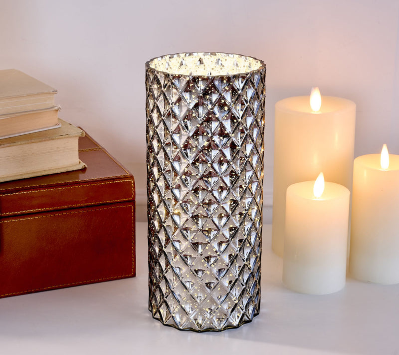 11" Illuminated Diamond Glass Hurricane by Valerie — View 20