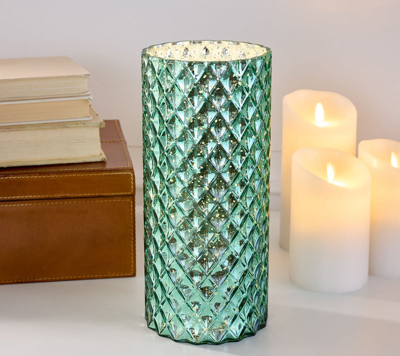 11" Illuminated Diamond Glass Hurricane by Valerie — View 22