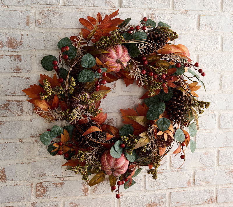 24" Pumpkin, Pinecone and Leaf Wreath by Valerie — Main view