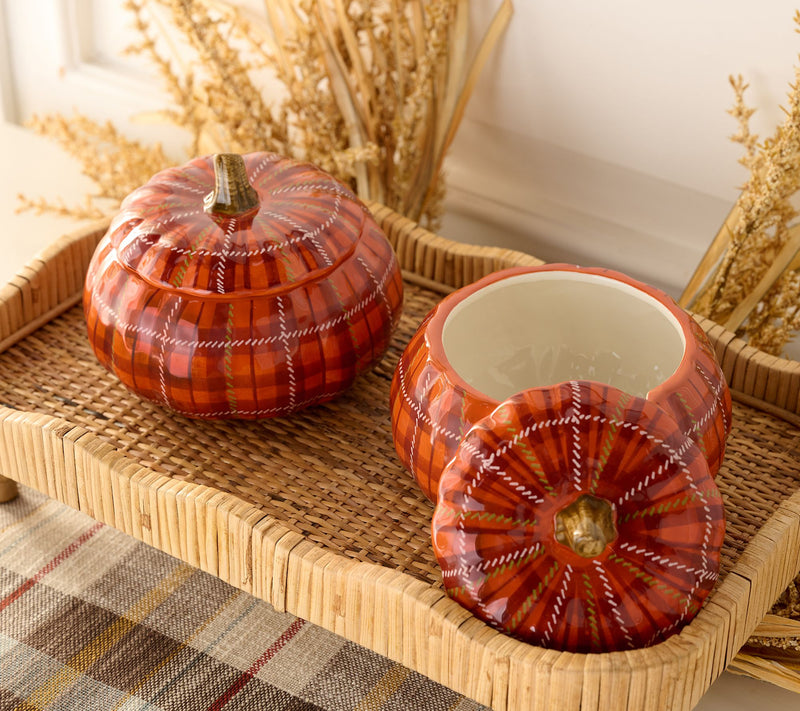Set of 2 Ceramic Plaid Pumpkin Serving Bowls with Lid by Valerie — Main view