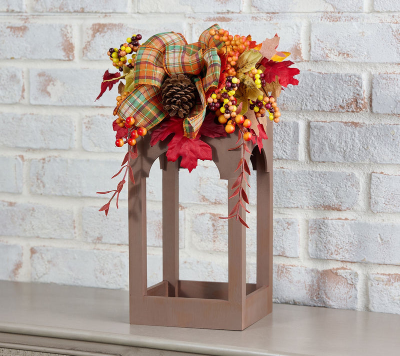 16" Wood Open Concept Lantern with Ribbon Embellishment by Valerie — Main view