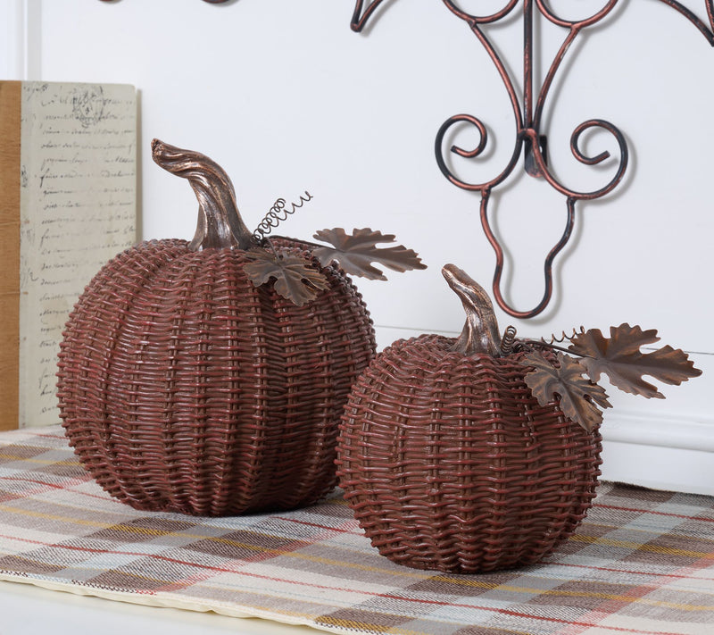 Set of 2 Basketweave Pumpkins with Metal Leaves by Valerie — Main view