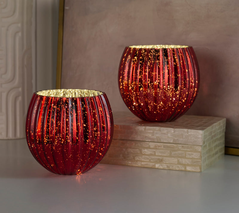 Set of 2 6" Illuminated Ribbed Mercury Rose Bowls by Valerie — View 19
