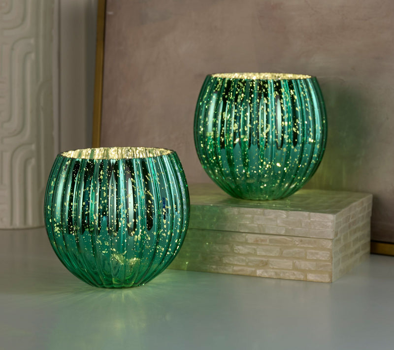 Set of 2 6" Illuminated Ribbed Mercury Rose Bowls by Valerie — View 22