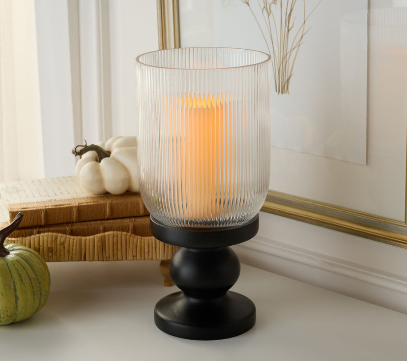 14" Illuminated Ribbed Glass Hurricane with Base by Valerie — View 3