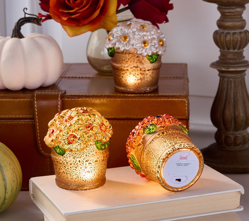 Set of 3 Illuminated Mercury Glass Mums by Valerie — View 2