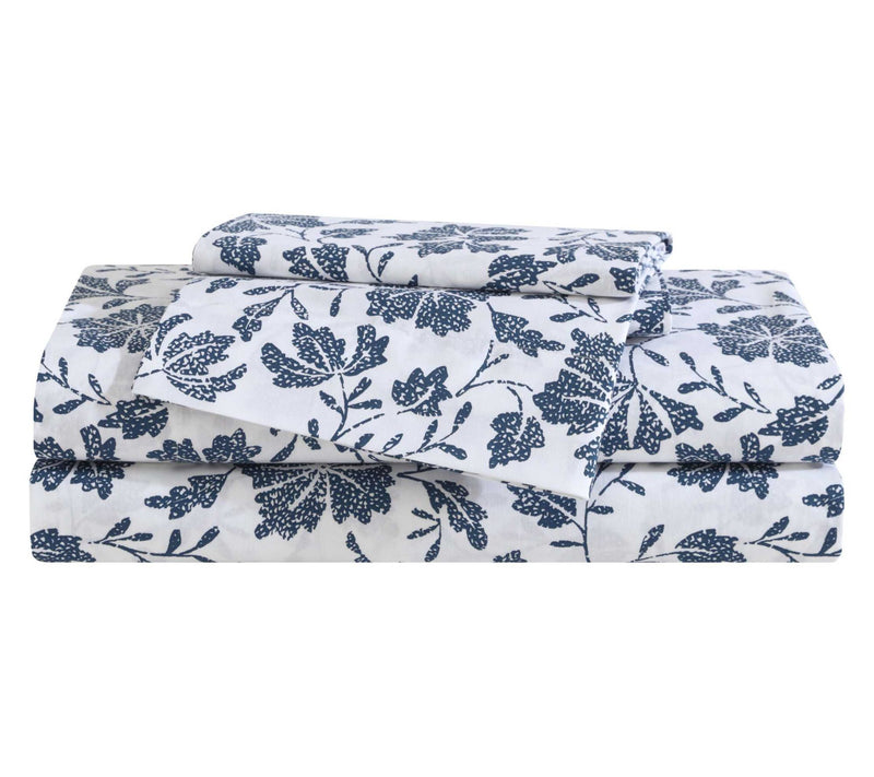 Eddie Bauer Woodblock Floral White-Blue Queen Sheet Set — Main view
