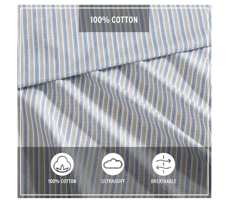 Eddie Bauer Ticking Stripe Navy Blue-Green Queen Sheet Set — View 5
