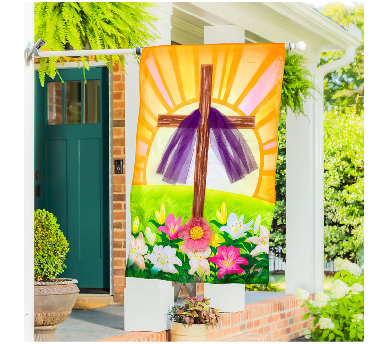 Evergreen Easter Cross With Lilies Applique House Flag — View 3