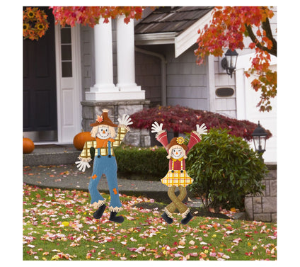 Glitzhome 36"H Fall Harvest Metal Scarecrow Garden Stakes S/2