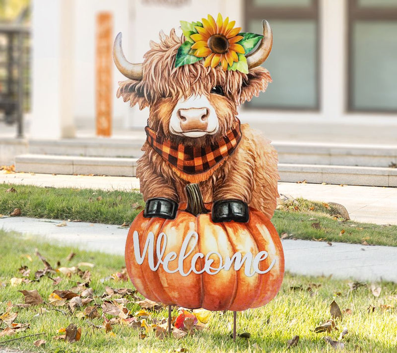 Glitzhome 30"H Fall Harvest Highland Cow WELCOME Garden Stake — Main view