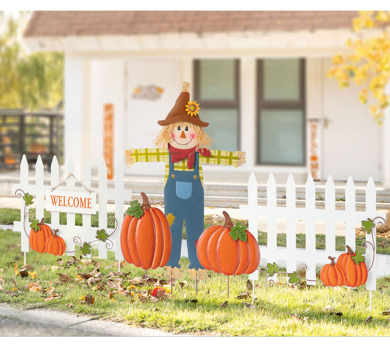 Glitzhome Fall Metal Scarecrow, Pumpkin & FenceStakes 5-Piece — Main view