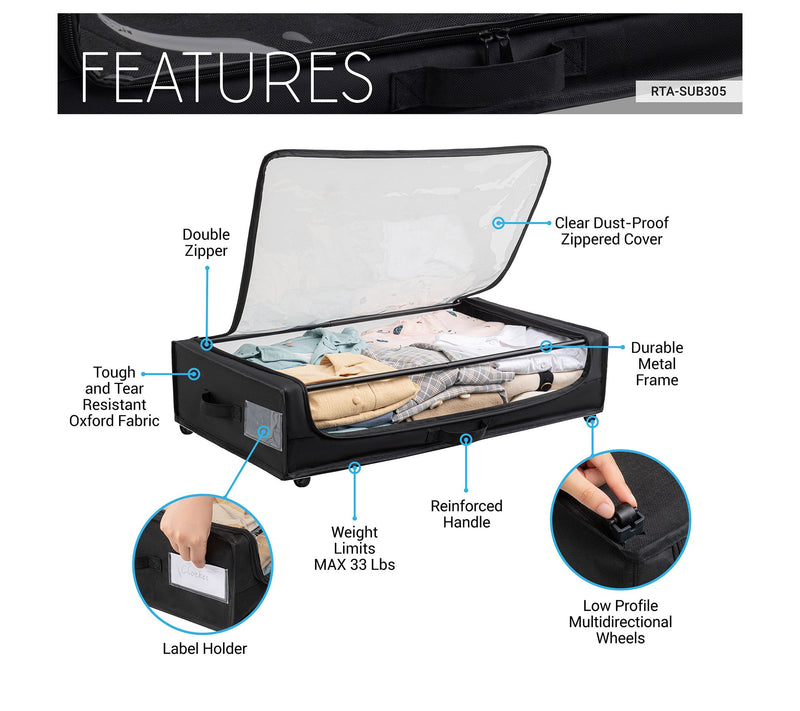 Techni Home Set of 2 Rolling Under Bed StorageBins with Cover — View 7