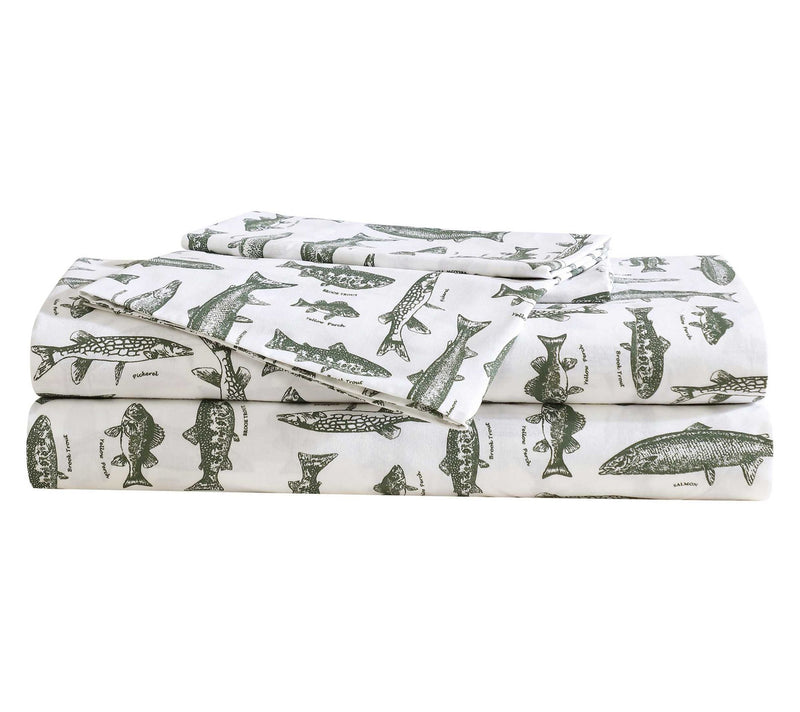 Eddie Bauer Wes Fish Face White-Green Queen Sheet Set — Main view