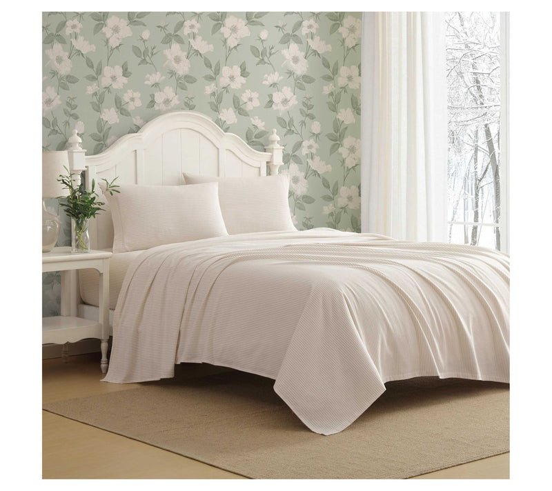 Laura Ashley Oxfordshire Stripe Beige Flannel King Sheet Set — View 4