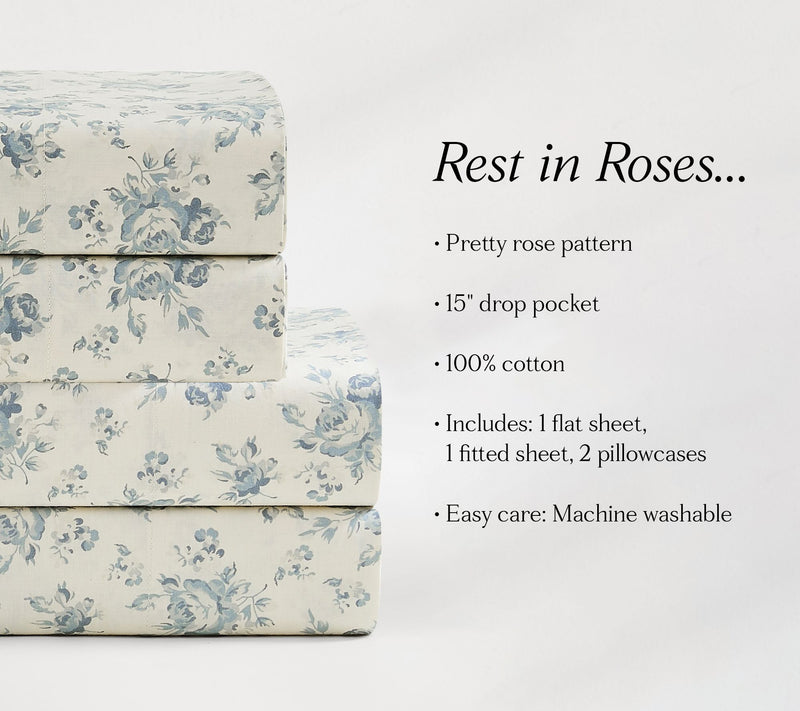 Lush Decor Rose Garden Cotton Sheet Set Blue 4-Piece Set King — View 8