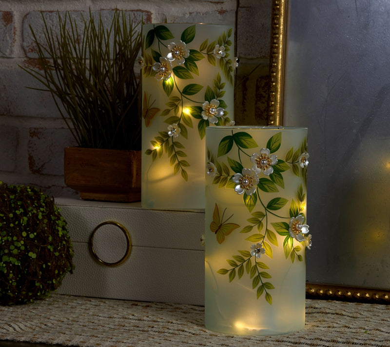 Set of (2) 8" Illuminated Hurricanes_with Pearl Flowers by Valerie — View 8