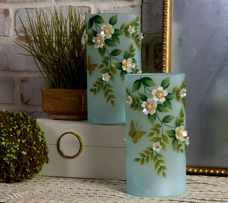 Set of (2) 8" Illuminated Hurricanes_with Pearl Flowers by Valerie — View 3
