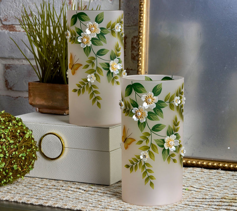 Set of (2) 8" Illuminated Hurricanes_with Pearl Flowers by Valerie — Main view