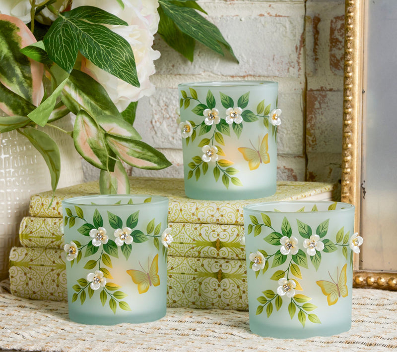 Set of 3 Illuminated Mini Hurricanes w/Pearl Flowers by Valerie — View 7