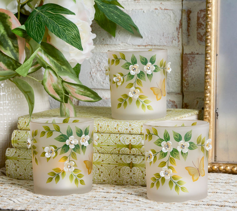 Set of 3 Illuminated Mini Hurricanes w/Pearl Flowers by Valerie — View 8