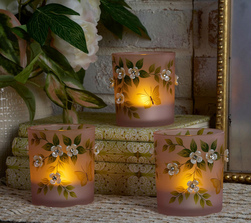 Set of 3 Illuminated Mini Hurricanes w/Pearl Flowers by Valerie — View 2