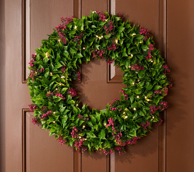 Bethlehem Lights Illuminated 24" Wreath with Wispy Florals — View 8