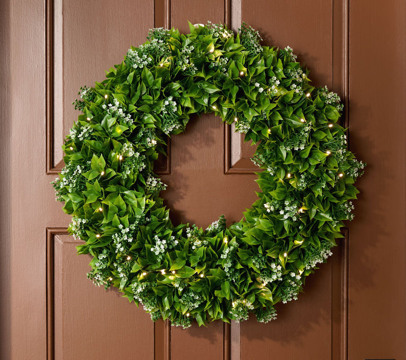 Bethlehem Lights Illuminated 24" Wreath with Wispy Florals — View 9