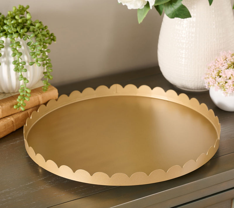 Home Reflections 15" Scalloped Metal Round Tray with Feet — View 5