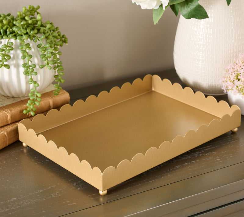 Home Reflections 13" Scalloped Metal Rectangular Tray with Feet — Main view