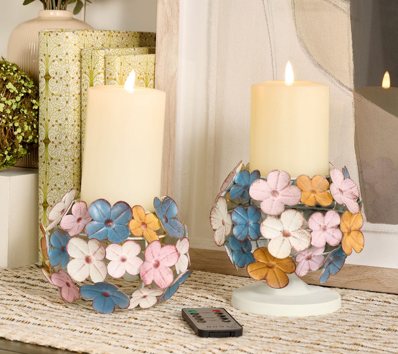 Home Reflections S/2 Metal Hydrangea Pedestals with Flamless Pillar — View 3