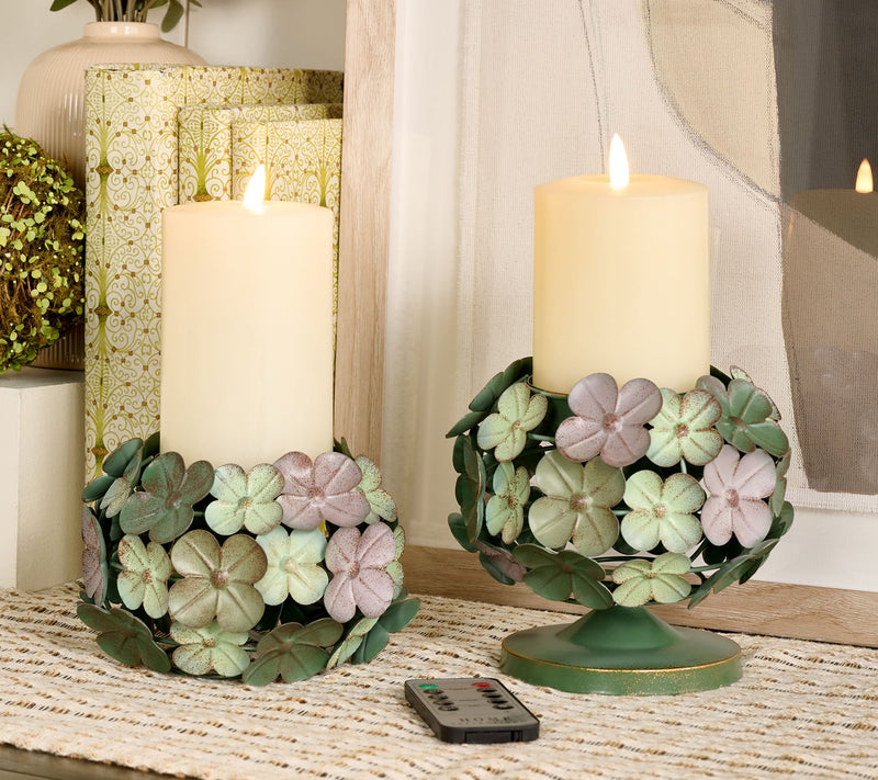Home Reflections S/2 Metal Hydrangea Pedestals with Flamless Pillar — View 7