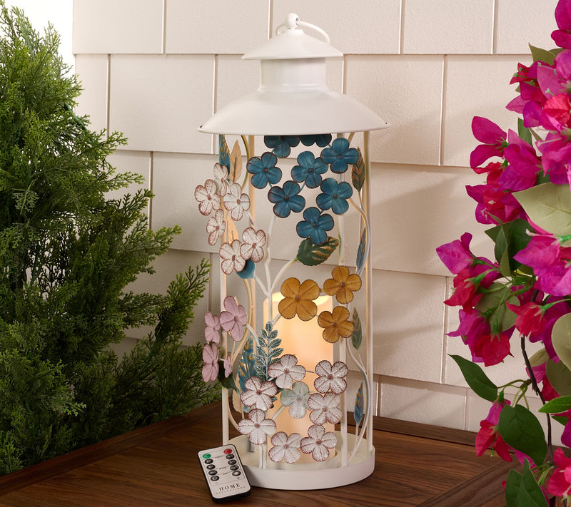 Home Reflections 20" Floral Lantern with Flameless Pillar — View 5