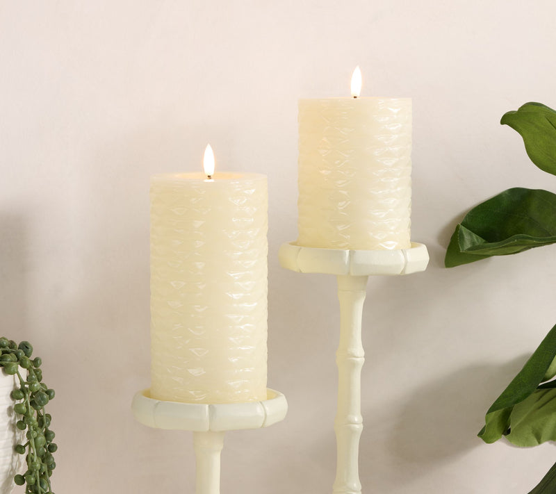 Set of 2 Textured Wax Flameless Pillar Candles by Kim Gravel — View 7